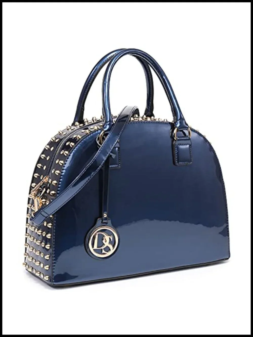 Patent Leather Dome Satchel Bag with Rhinestone & Studs, Work Tote with Long